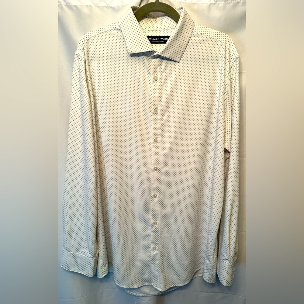 Mizzen + Main Slim 2XL Lightweight Leeward White Blue Geometric‎ Dress Shirt